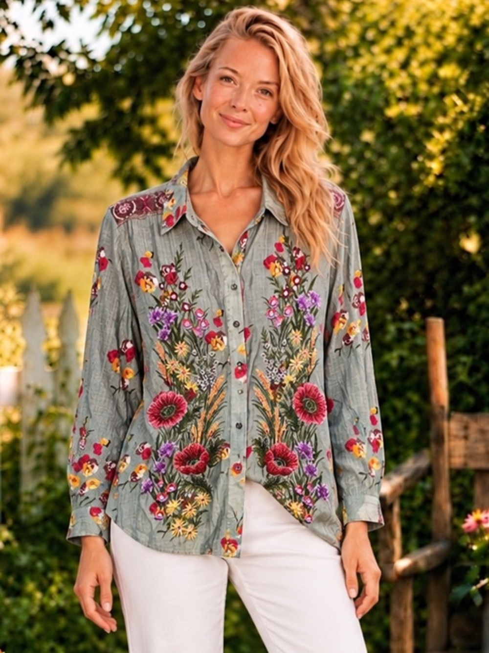 ❤️‍🔥 AR-90 Aratta Mia Grace Embroidered Floral Button-Down Shirt – Olive Gray